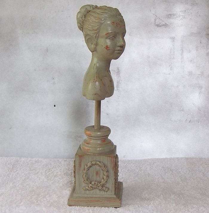 A GORGEOUS LADY BUST ON STAND ... CLASSY ....MADE OF WOOD AND RESIN ... DEFINITELY EYE CATCHING !!