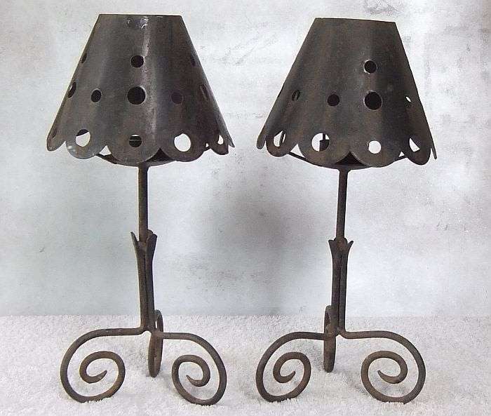 CHARMING VERBY !! A PAIR OF RUSTIC METAL "LAMPS" USING ONLY TEE LIGHT CANDLES !! LOVELY !!