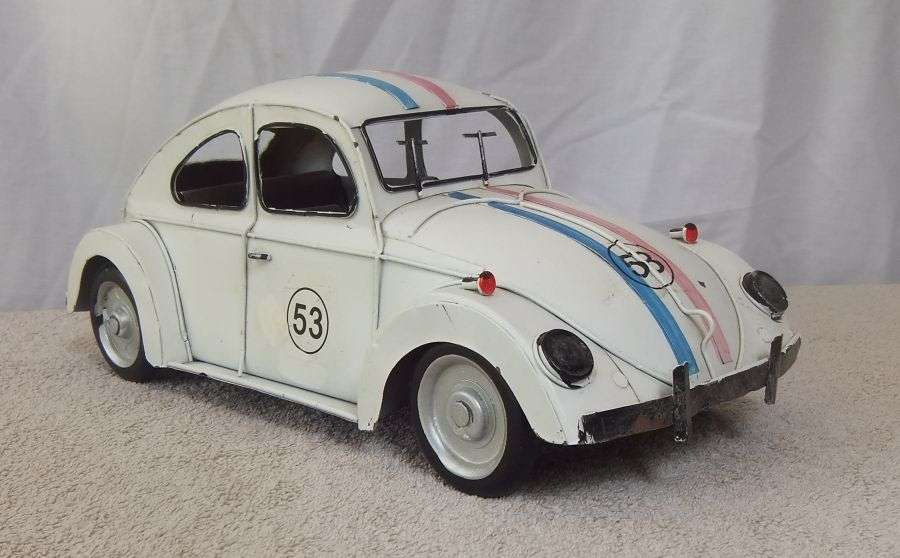 A TOTALLY COOL VINTAGE LOOK "" EXTRA BIG "" TIN METAL VOLKSIE ... WITH RACING STRIPES !! A FUN FIND