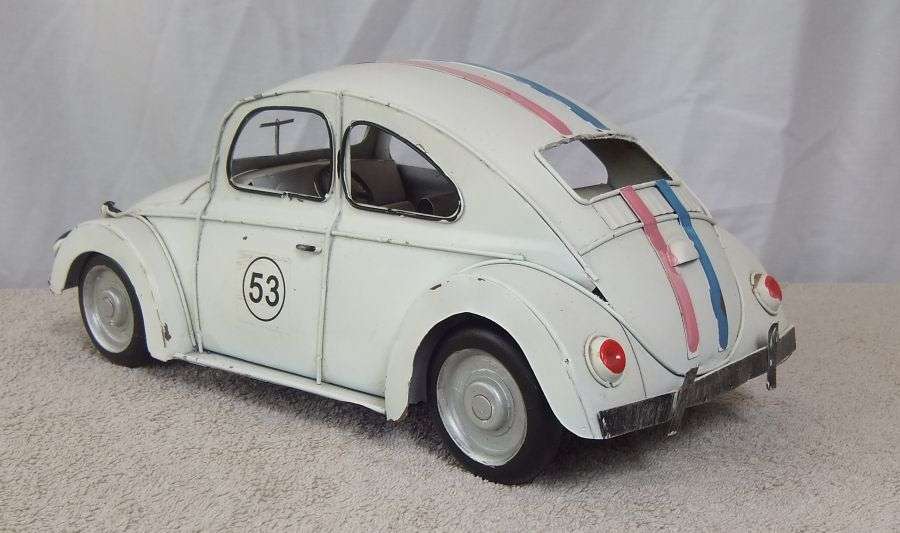A TOTALLY COOL VINTAGE LOOK "" EXTRA BIG "" TIN METAL VOLKSIE ... WITH RACING STRIPES !! A FUN FIND