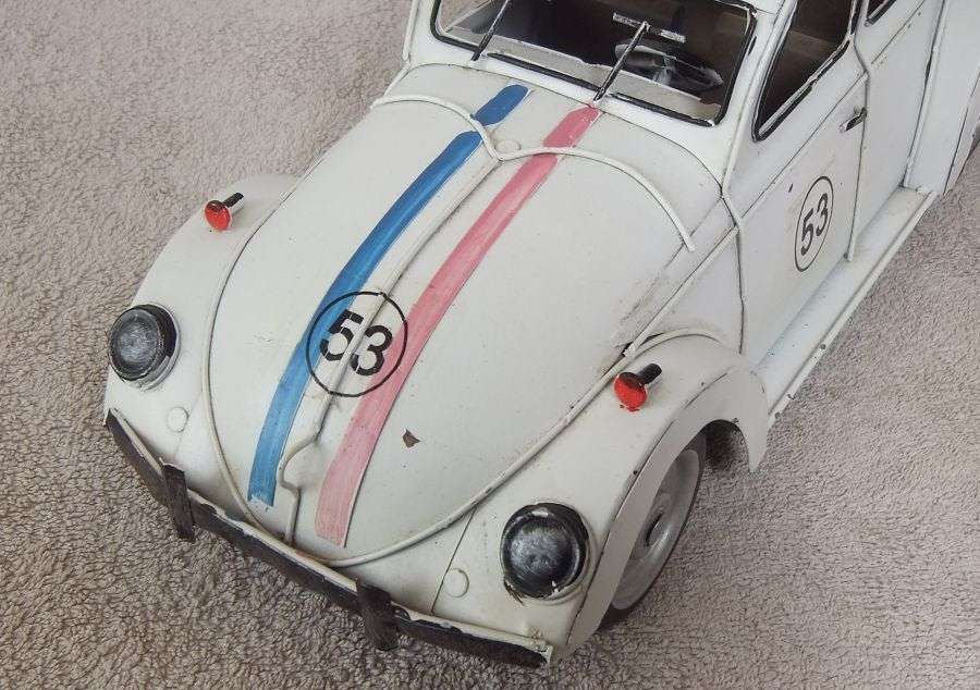 A TOTALLY COOL VINTAGE LOOK "" EXTRA BIG "" TIN METAL VOLKSIE ... WITH RACING STRIPES !! A FUN FIND