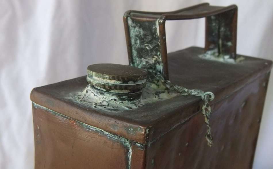 UNKNOWN USE !! AN OLD LOOKING NUMBERED COPPER CAN , PERHAPS FOR OILS OR FUEL !! HEAVY LITTLE THING