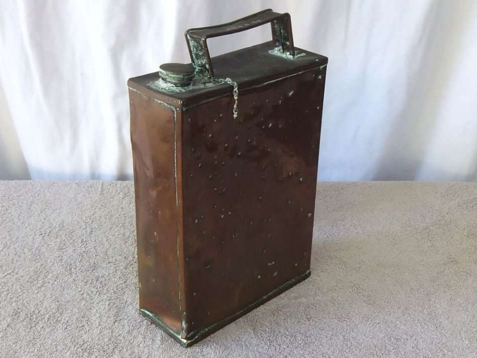 UNKNOWN USE !! AN OLD LOOKING NUMBERED COPPER CAN , PERHAPS FOR OILS OR FUEL !! HEAVY LITTLE THING