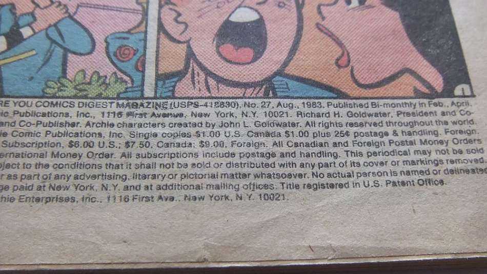 AUGUST 1983 VINTAGE COMICS DIGEST "" ARCHIE ANDREWS ""  NO 27 !! FREE COMBINING !!