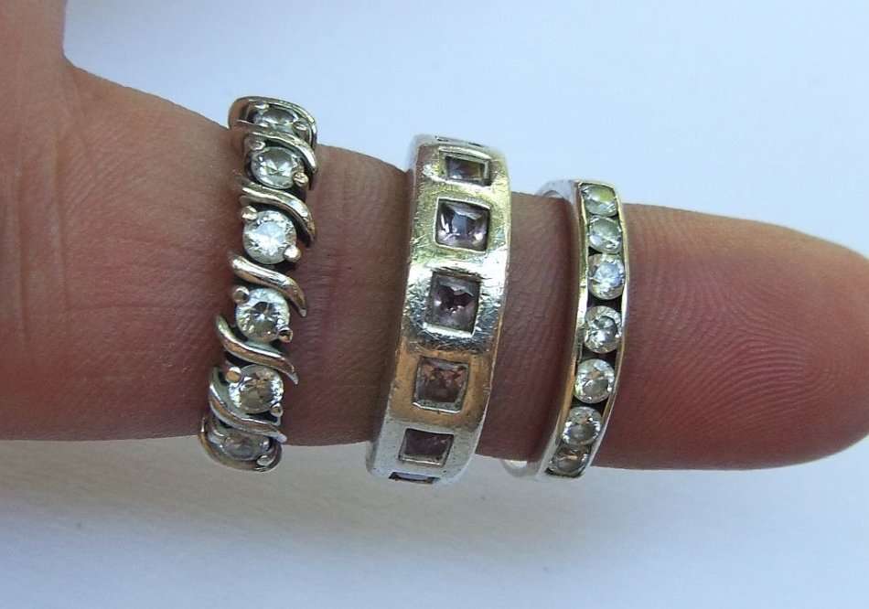 WHAT A STEAL !! 3 GORGEOUS STERLING SILVER RINGS SET WITH FACETED STONES !! PINK & CLEAR !! TAKE ALL