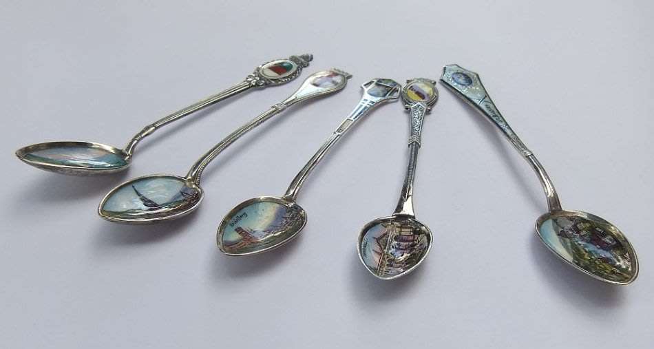 OH WOW !! A LOT OF FIVE SOLID SILVER AND ENAMEL TEASPOONS !! EXCELLENT DETAIL !! 80% SILVER CONTENT