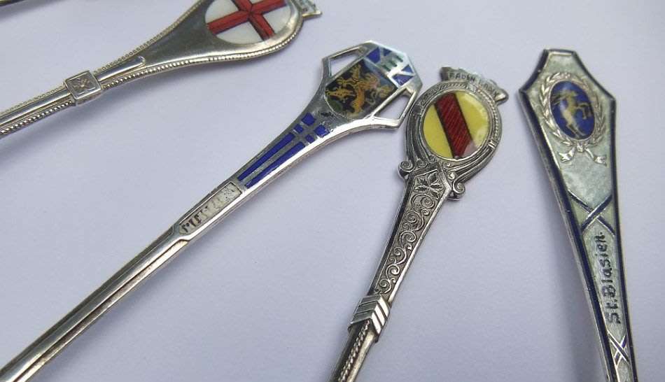 OH WOW !! A LOT OF FIVE SOLID SILVER AND ENAMEL TEASPOONS !! EXCELLENT DETAIL !! 80% SILVER CONTENT
