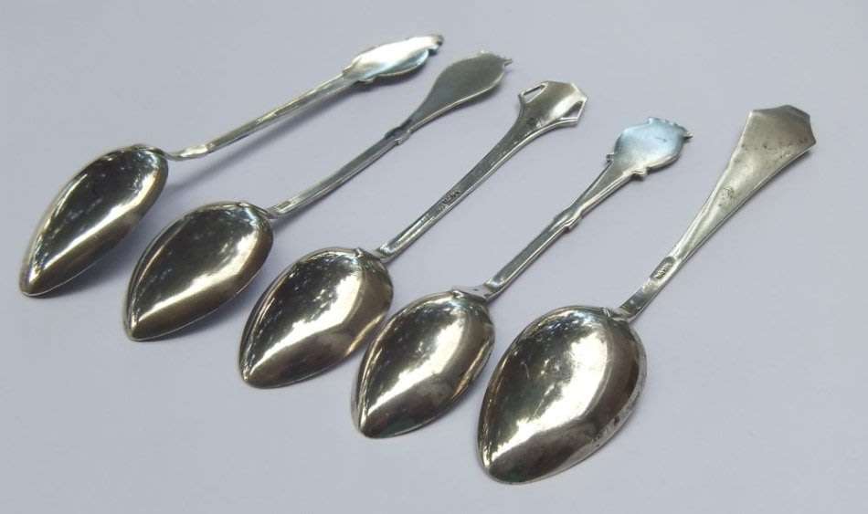OH WOW !! A LOT OF FIVE SOLID SILVER AND ENAMEL TEASPOONS !! EXCELLENT DETAIL !! 80% SILVER CONTENT