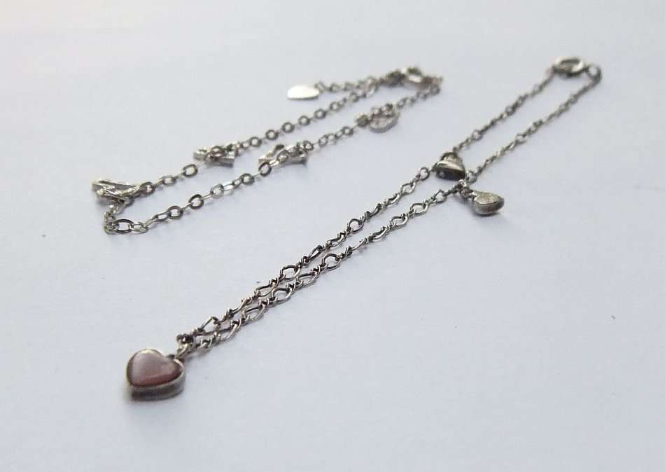 SWEET PAIR !! A DAINTY STERLING SILVER ANKLET AND STERLING SILVER BRACELET WITH HEARTS !! MUST SEE !