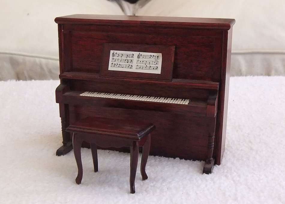 A LOVELY VINTAGE MINIATURE WOODEN MODEL OF A PIANO AND CHAIR IN GREAT CONDITION !! SWEET !!