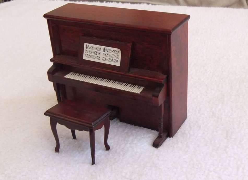 A LOVELY VINTAGE MINIATURE WOODEN MODEL OF A PIANO AND CHAIR IN GREAT CONDITION !! SWEET !!