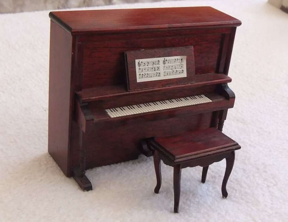 A LOVELY VINTAGE MINIATURE WOODEN MODEL OF A PIANO AND CHAIR IN GREAT CONDITION !! SWEET !!
