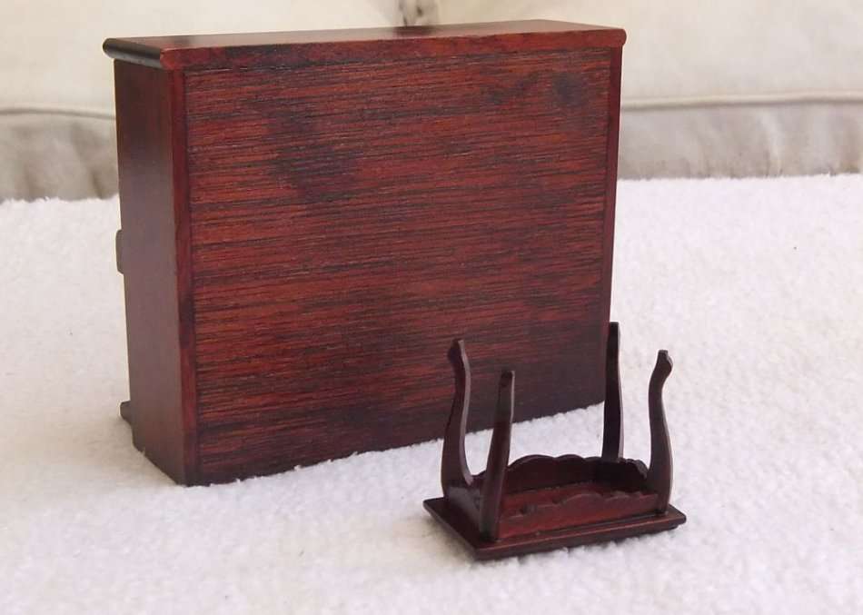 A LOVELY VINTAGE MINIATURE WOODEN MODEL OF A PIANO AND CHAIR IN GREAT CONDITION !! SWEET !!