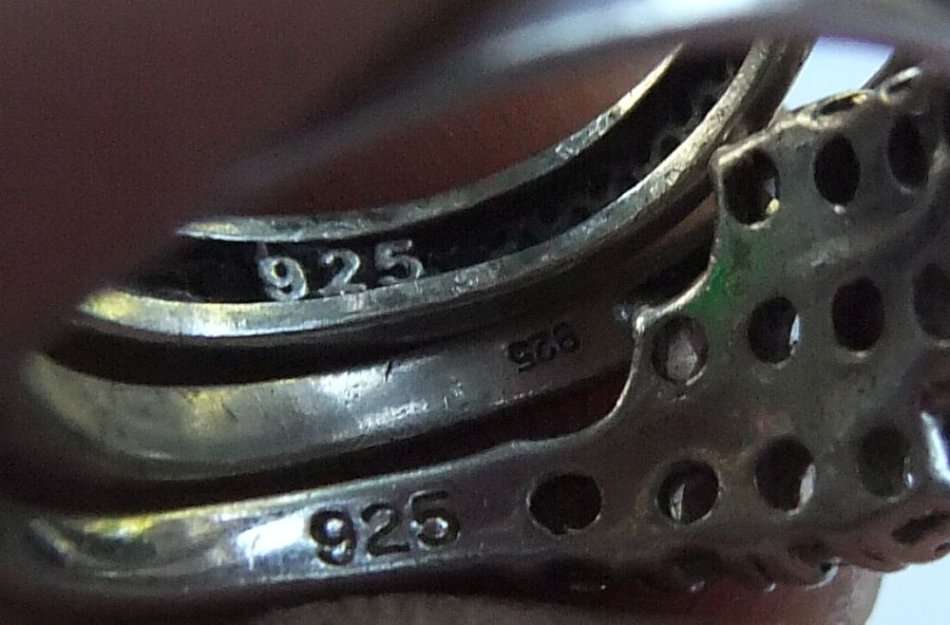 BLING BLING !! A STUNNING LOT OF THREE SOLID STERLING SILVER RINGS SET WITH LOTS OF FACETED STONES