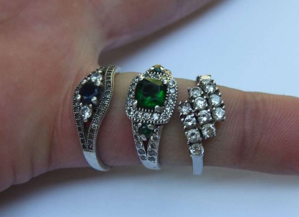 BLING BLING !! A STUNNING LOT OF THREE SOLID STERLING SILVER RINGS SET WITH LOTS OF FACETED STONES