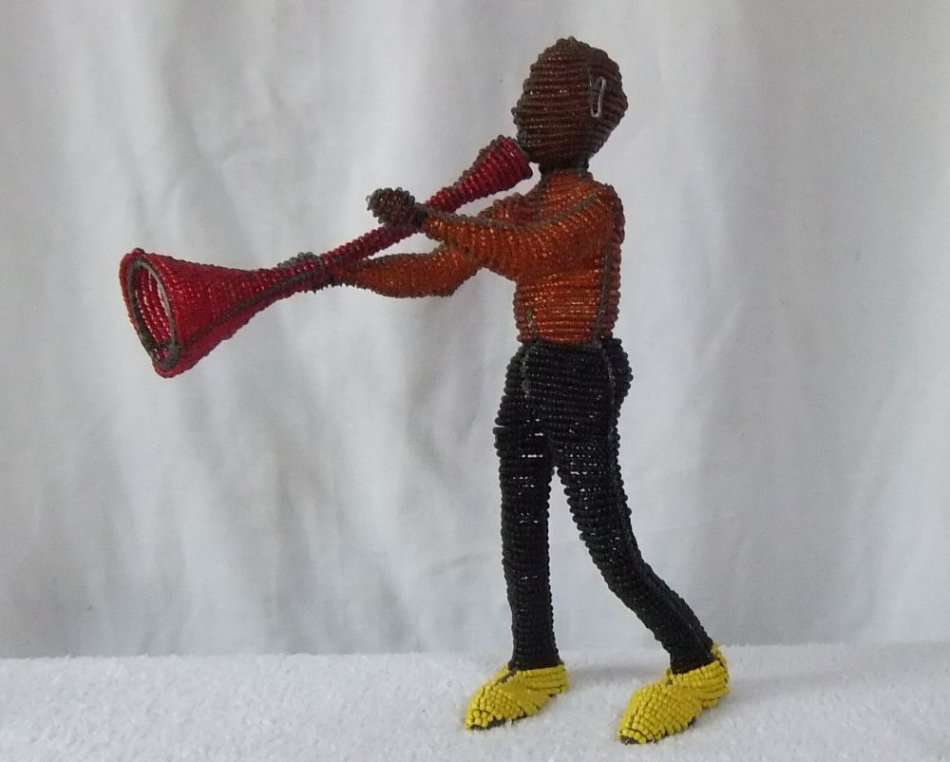 A TALL VINTAGE HAND MADE INTRICATELY DETAILED MUSICIAN FIGURE MADE OF WIRE AND HUNDREDS OF BEADS !!