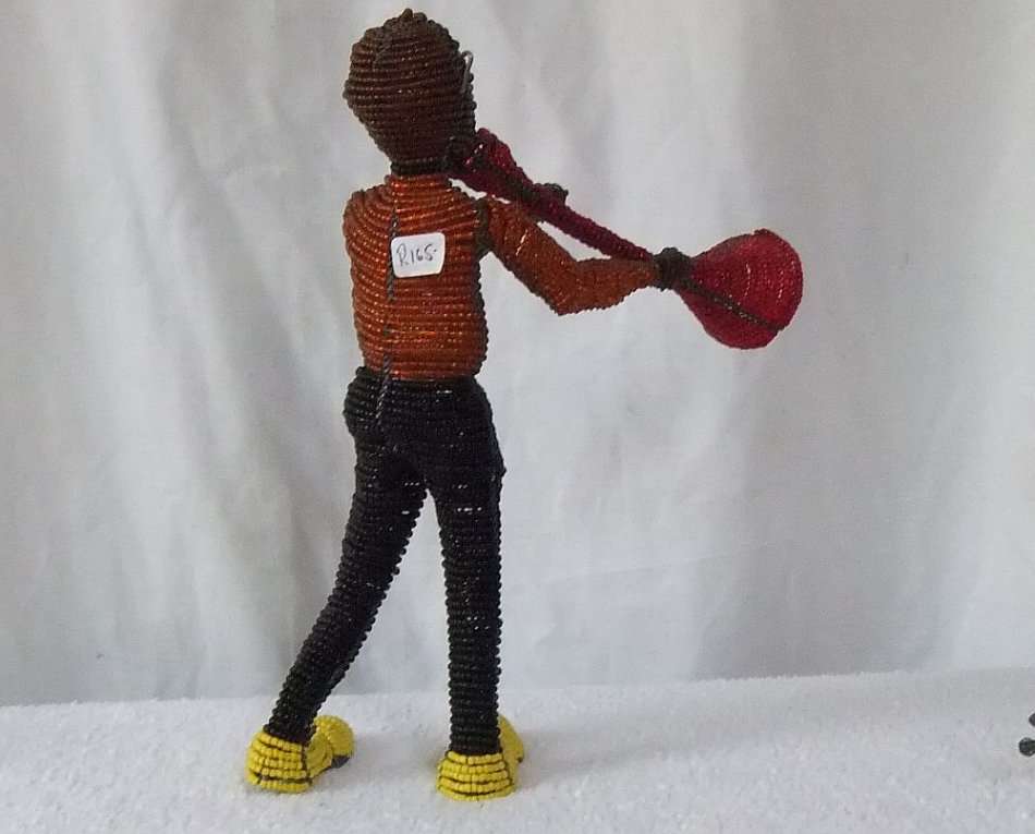 A TALL VINTAGE HAND MADE INTRICATELY DETAILED MUSICIAN FIGURE MADE OF WIRE AND HUNDREDS OF BEADS !!
