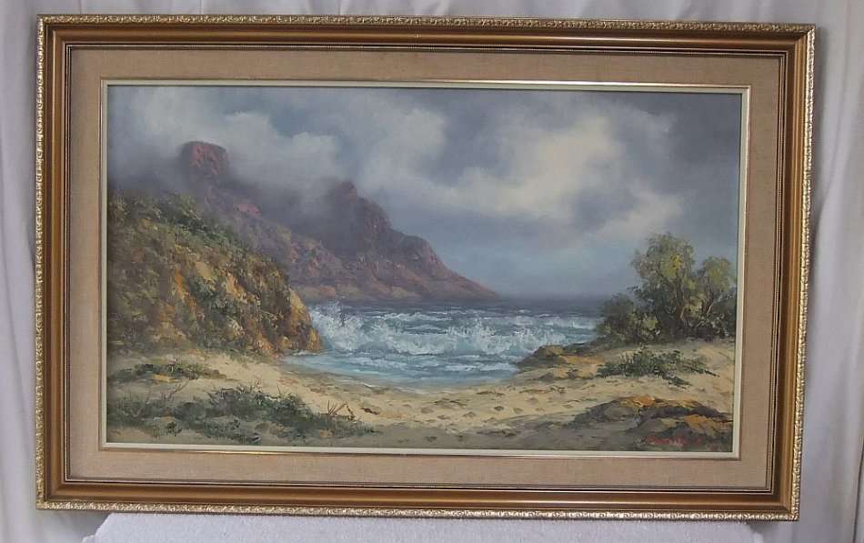 A LARGE ORIGINAL SIGNED OIL ON BOARD SEASCAPE / LANDSCAPE BY LISTED SA ARTIST LOUISE REPSOLD
