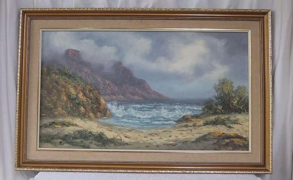A LARGE ORIGINAL SIGNED OIL ON BOARD SEASCAPE / LANDSCAPE BY LISTED SA ARTIST LOUISE REPSOLD