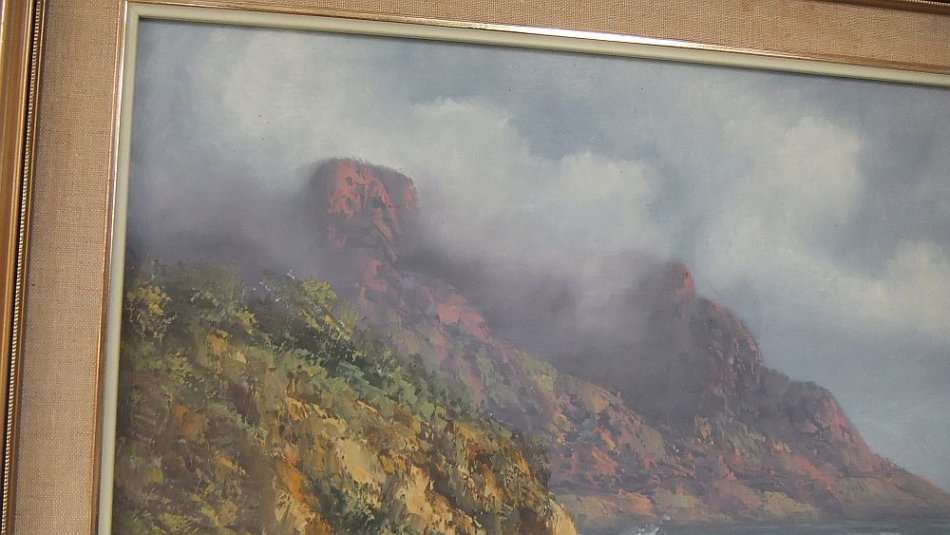 A LARGE ORIGINAL SIGNED OIL ON BOARD SEASCAPE / LANDSCAPE BY LISTED SA ARTIST LOUISE REPSOLD