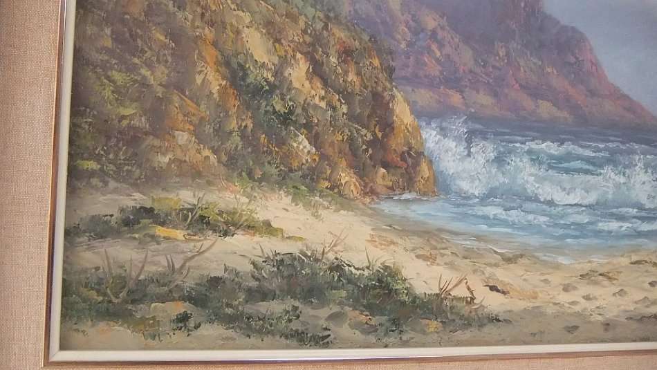 A LARGE ORIGINAL SIGNED OIL ON BOARD SEASCAPE / LANDSCAPE BY LISTED SA ARTIST LOUISE REPSOLD