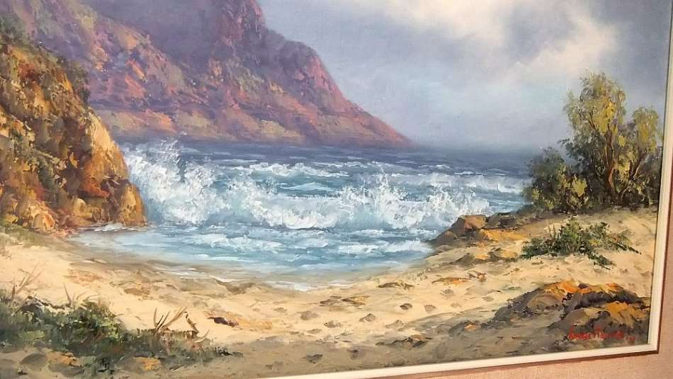 A LARGE ORIGINAL SIGNED OIL ON BOARD SEASCAPE / LANDSCAPE BY LISTED SA ARTIST LOUISE REPSOLD