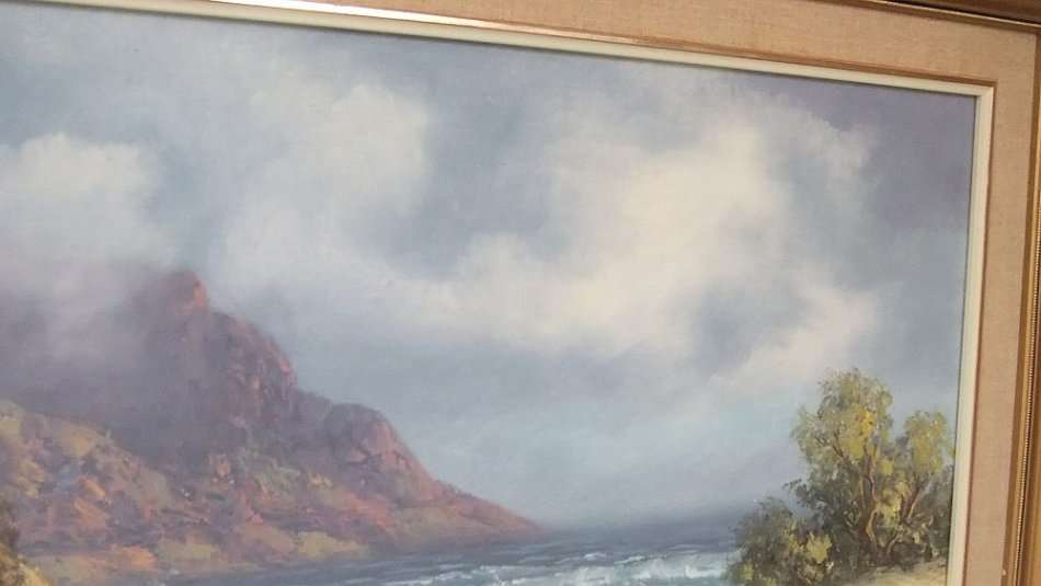 A LARGE ORIGINAL SIGNED OIL ON BOARD SEASCAPE / LANDSCAPE BY LISTED SA ARTIST LOUISE REPSOLD
