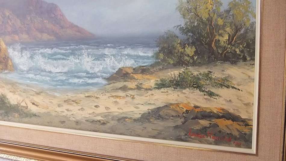 A LARGE ORIGINAL SIGNED OIL ON BOARD SEASCAPE / LANDSCAPE BY LISTED SA ARTIST LOUISE REPSOLD