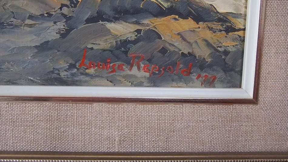 A LARGE ORIGINAL SIGNED OIL ON BOARD SEASCAPE / LANDSCAPE BY LISTED SA ARTIST LOUISE REPSOLD