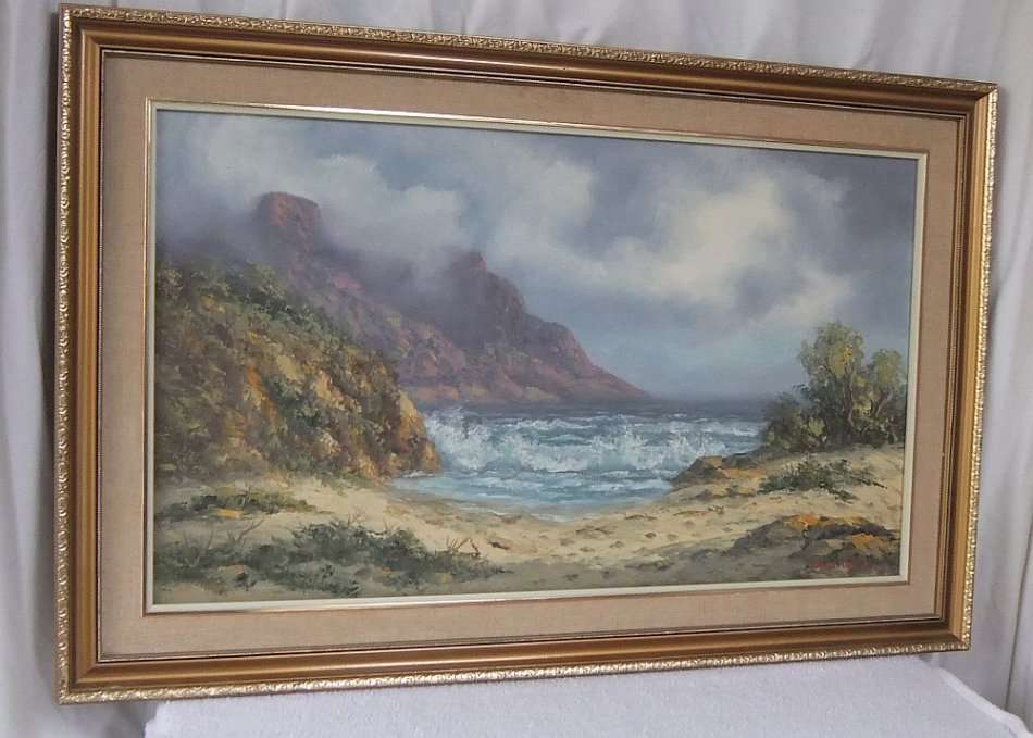 A LARGE ORIGINAL SIGNED OIL ON BOARD SEASCAPE / LANDSCAPE BY LISTED SA ARTIST LOUISE REPSOLD