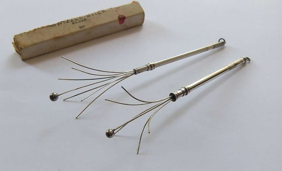 TWO VINTAGE HALLMARKED STERLING SILVER SWIZZLE STICKS BY DEAKIN & FRANCIS OF BIRMINGHAM