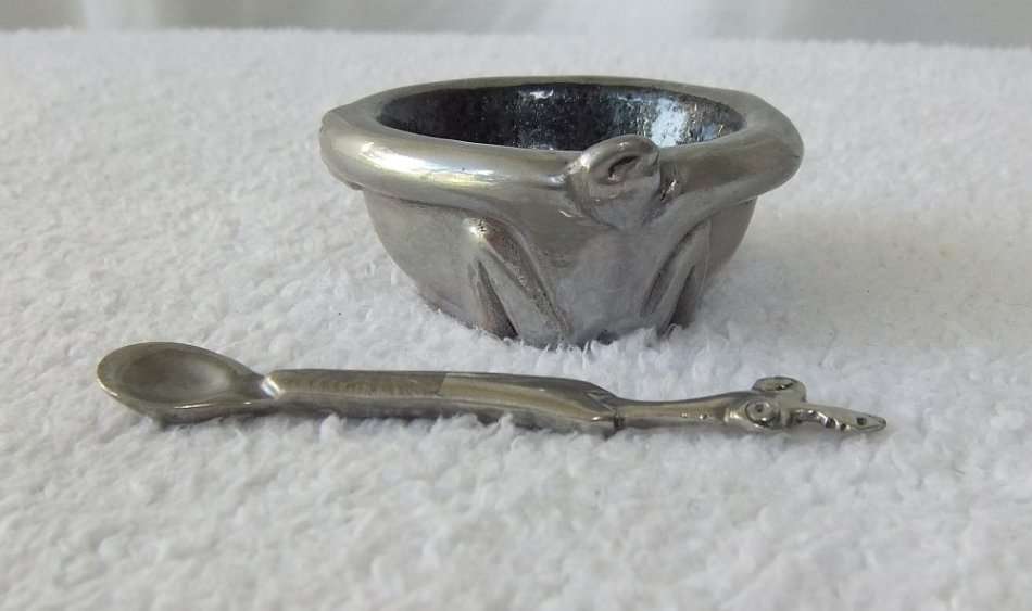 A GENUINE CARROL BOYES OPEN SALT AND SPOON - MAN & WOMAN MOTIF