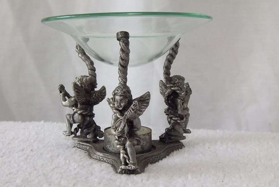 MUST SEE !! A VERY CHARMING PEWTER TYPE METAL TEE LITE HOLDER INCENSE BURNER WITH ANGEL MOTIFS !!