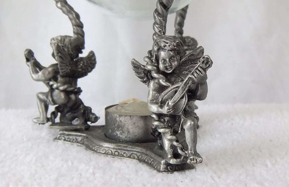 MUST SEE !! A VERY CHARMING PEWTER TYPE METAL TEE LITE HOLDER INCENSE BURNER WITH ANGEL MOTIFS !!