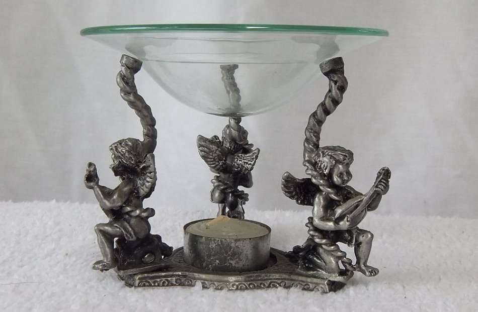 MUST SEE !! A VERY CHARMING PEWTER TYPE METAL TEE LITE HOLDER INCENSE BURNER WITH ANGEL MOTIFS !!