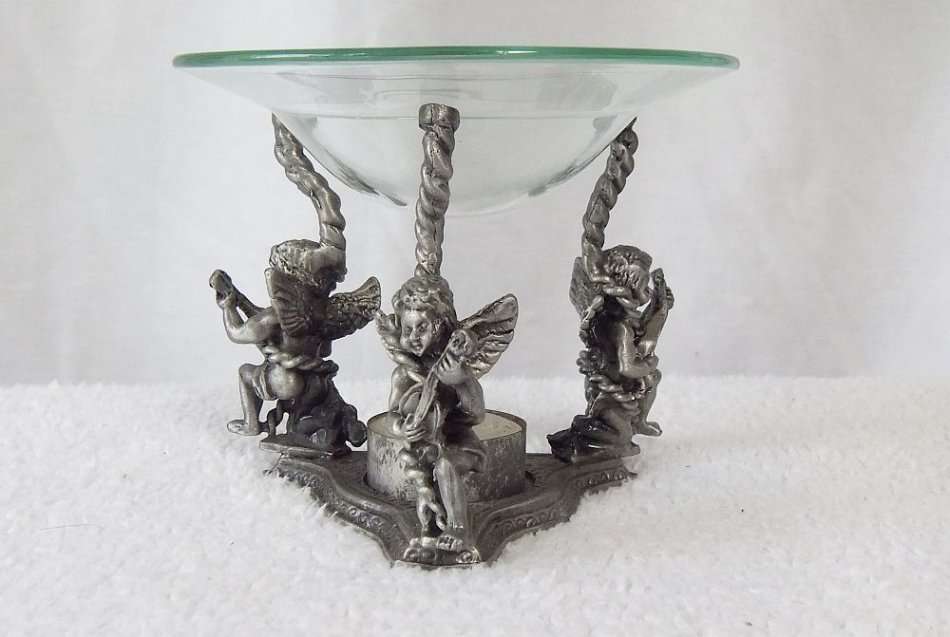 MUST SEE !! A VERY CHARMING PEWTER TYPE METAL TEE LITE HOLDER INCENSE BURNER WITH ANGEL MOTIFS !!