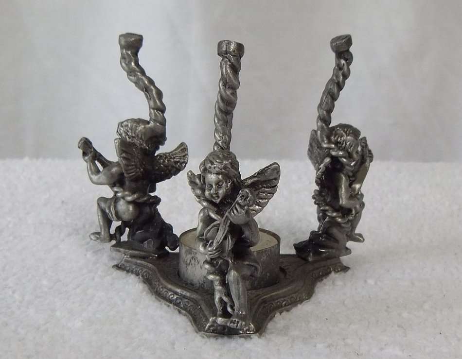 MUST SEE !! A VERY CHARMING PEWTER TYPE METAL TEE LITE HOLDER INCENSE BURNER WITH ANGEL MOTIFS !!
