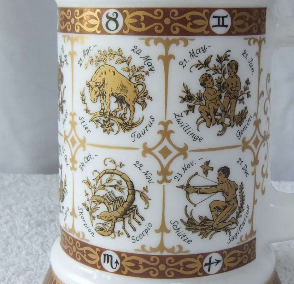 MUST SEE !! BMF Original Bierseidel German Milk Glass HOROSCOPE Stein Made in West Germany