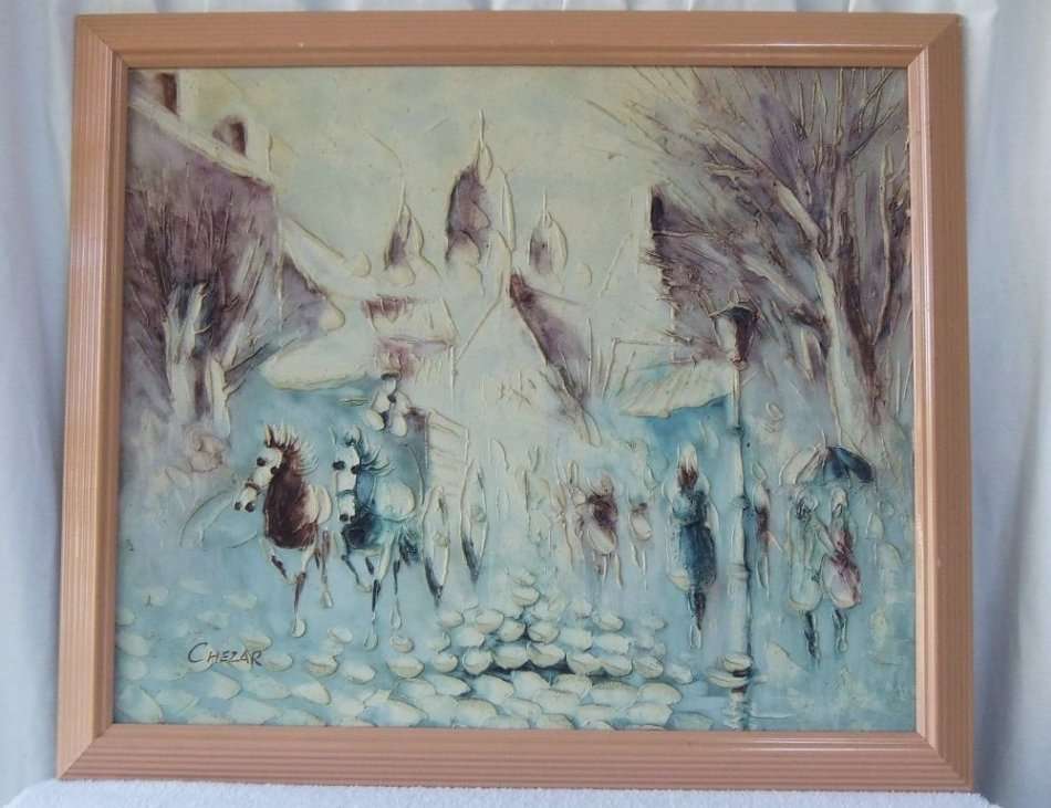 AN ORIGINAL OIL ON BOARD PARISIAN LANDSCAPE BY DECEASED RUSSIAN ARTIST BORIS CHEZAR ( 1913 - 2008 )