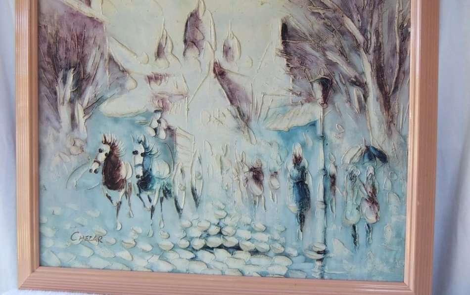 AN ORIGINAL OIL ON BOARD PARISIAN LANDSCAPE BY DECEASED RUSSIAN ARTIST BORIS CHEZAR ( 1913 - 2008 )