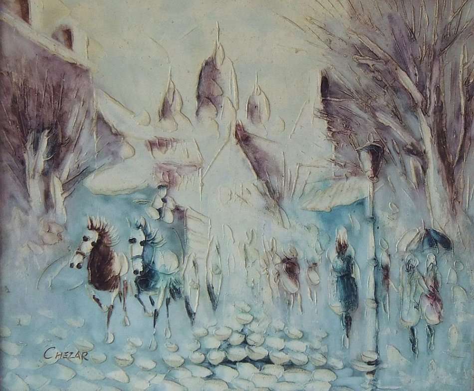 AN ORIGINAL OIL ON BOARD PARISIAN LANDSCAPE BY DECEASED RUSSIAN ARTIST BORIS CHEZAR ( 1913 - 2008 )