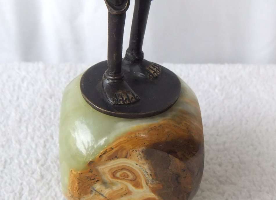 WOW !! AN OLD AND HEAVY BRONZE MYTHICAL MUSICIAN FIGURE ON A GREEN ALABASTER BASE !! MUST SEE !!