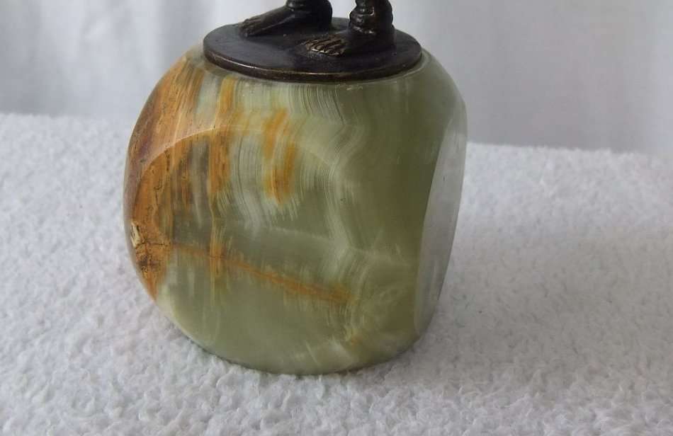 WOW !! AN OLD AND HEAVY BRONZE MYTHICAL MUSICIAN FIGURE ON A GREEN ALABASTER BASE !! MUST SEE !!