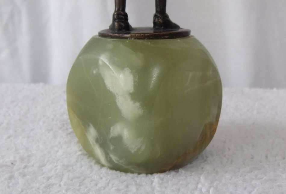 WOW !! AN OLD AND HEAVY BRONZE MYTHICAL MUSICIAN FIGURE ON A GREEN ALABASTER BASE !! MUST SEE !!