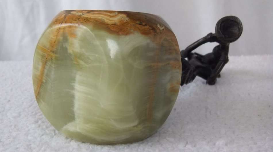 WOW !! AN OLD AND HEAVY BRONZE MYTHICAL MUSICIAN FIGURE ON A GREEN ALABASTER BASE !! MUST SEE !!