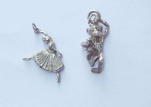 TWO SOLID STERLING SILVER VINTAGE CHARMS !! A BALLERINA AND A DRUNKEN MONKEY !! MUST HAVE !!