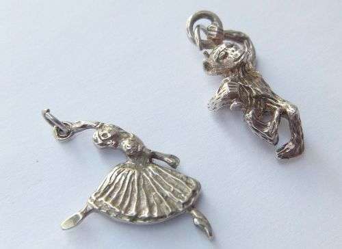 TWO SOLID STERLING SILVER VINTAGE CHARMS !! A BALLERINA AND A DRUNKEN MONKEY !! MUST HAVE !!
