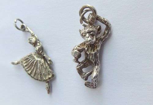 TWO SOLID STERLING SILVER VINTAGE CHARMS !! A BALLERINA AND A DRUNKEN MONKEY !! MUST HAVE !!
