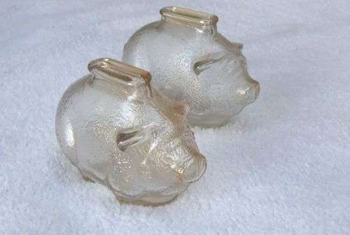 TAKE TWO !! A CUTE PAIR OF VINTAGE GLASS PIG FORM MONEY BANKS IN GOOD CONDITION