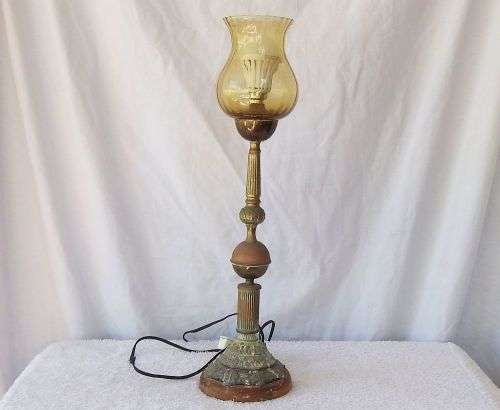 AN OLD GLASS , BRASS , COPPER AND WOOD LAMP DECORATED IN A RATHER VICTORIAN STYLE !! WORKING !!